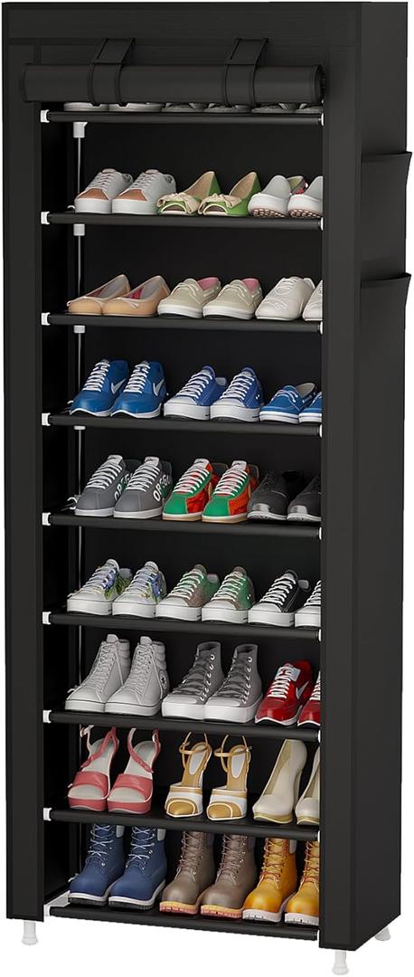 Calmootey 9 Tier Shoe Rack Organizer,Portable Shoe Shelf with Nonwoven Fabric Cover for Closet Hallway,Bedroom,Entryway,Black | Organizer, for Closet, Hallway, Bedroom, Entryway