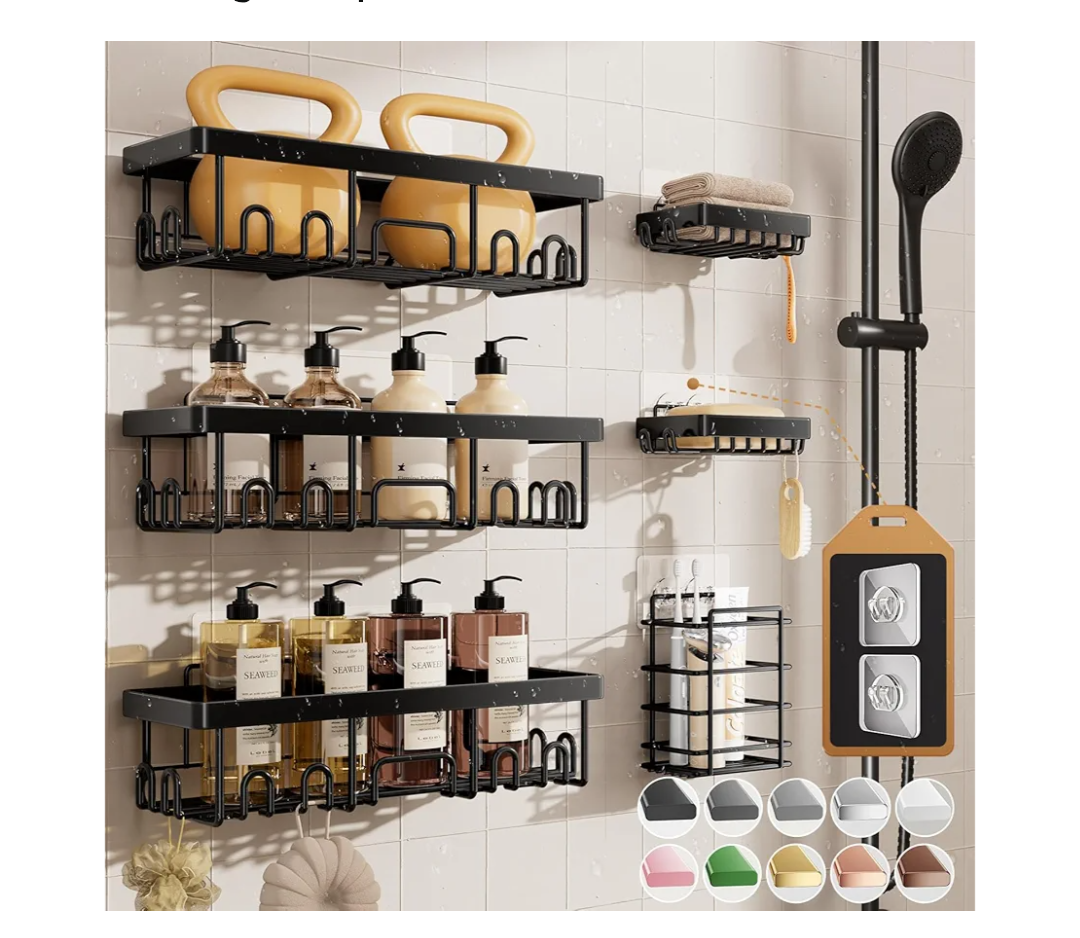 Veken Shower Caddy 6-Pack, Advanced Rustproof Design, No Drilling Adhesive Shelves, Rack with Soap Holder, Large Capacity Bathroom Organizers and Storage, Wall-M