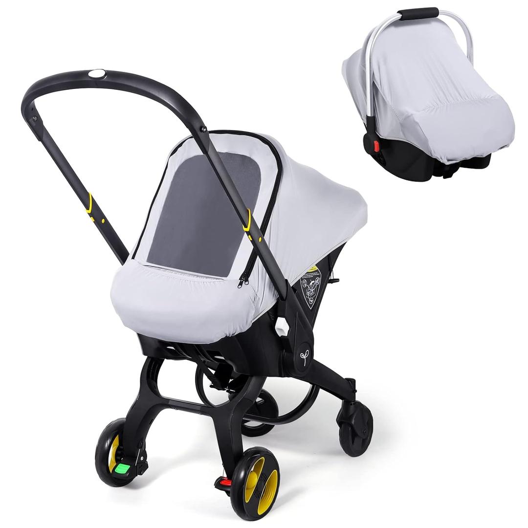 Car Seat Covers for Babies, Original Infant Car Seat Cover for Boys Girls, Kick-Proof Carseat Canopy with Adjustable Breathable Mesh Peep Window & Pocket, Universal Carrier Cover Newborn Shower Gift (Grey-Blue)