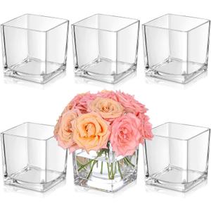 KEYWING 6 Pack Square Glass Vase 4" x 4" x 4", Clear Flower Vases for Centerpieces, Square Glass Cube Vase Candle Holder for Wedding, Party, Home Office Decoration