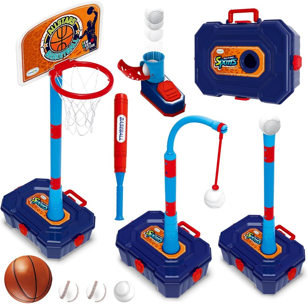 4 in 1 Basketball Hoop for Kids 1-3, 3-5, Toddler Basketball Goal and T Ball Set, Adjustable Basketball Hoop, Indoor Outdoor Sports Toys, Birthday Gifts for Kids Boys 1 2 3 4 5 Years Old (Blue)