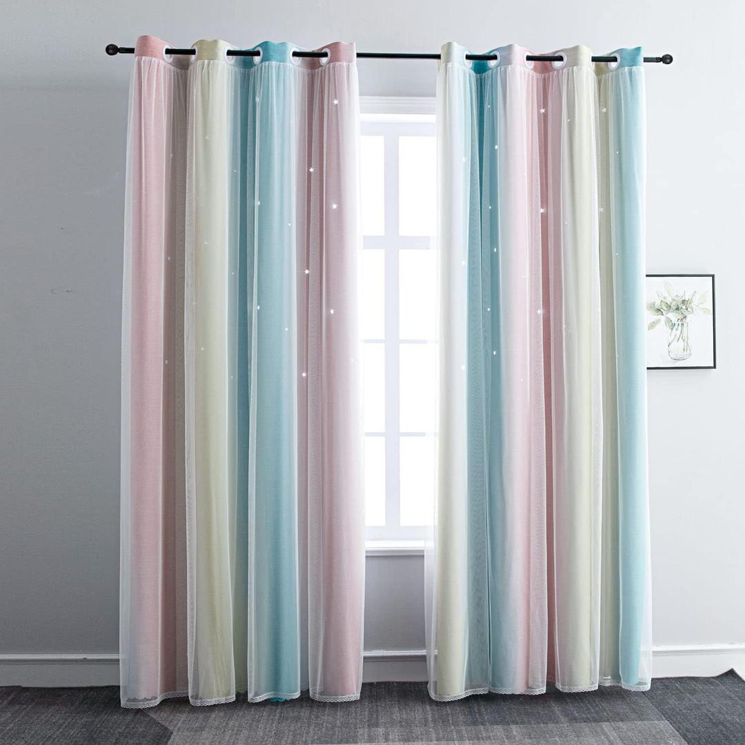 FANLI Ombre Rainbow Blackout Curtains for Kid Girls Bedroom Living Room Darking Stripe Double Layer Star Cut Out Wall Home Decor Gradient Grommet Window Curtains (Pink/Blue, 52W x 63L)