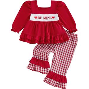 VISGOGO Toddler Girl Valentines Day Outfit Love Heart Embroidery Sweatshirt Shirt Pants Plaid Bow Heart Clothes (2-3T, Be Mine Red)