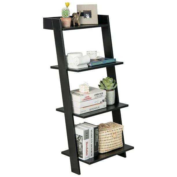 4-Tier Ladder Shelf Leaning Bookshelf withAnti-falling Baffle Wood Bookcase Black