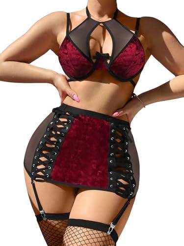Foxiny Sexy Cutout Halter Underwire Leather Mesh Sheer Mini Skirt Stocking Lingerie Set 4 Piece Outfits, Medium