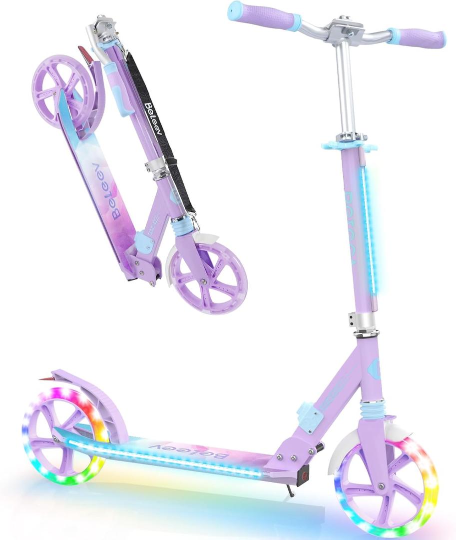BELEEV V8 Scooters for Kids Ages 6+ with Light-Up Deck, 2 Wheel Folding Scooter for Adults Teens, 4 Adjustable Height, Lightweight Sport Commuter Scooter, Sturdy Frame, Max Load 220 lbs