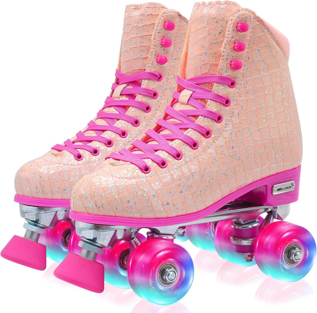 Roller Skate for Women Girls and Kids, High-top Double Row-Classic Rollerskates Size 5 6 7 8 9 10 11 and Youth Size 2 3, Indoor Outdoor Roller Skates for Beginner Ladies with Light-up Wheels (Rose Red)