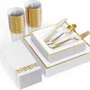 FOCUSLINE 175 Count Gold Dinnerware Set for 25 Guests - Square Plastic Plates with Gold Rim, Includes 25 Disposable Dinner & Dessert Plates, Napkins, Cups, Cutlery Set for Wedding Parties