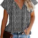 Women's Short Sleeve Casual Shirts Boho Floral Print V Neck Tops Loose Blouses (Black, M)