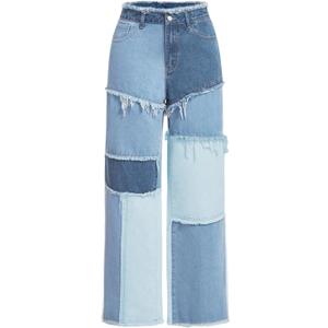 WDIRARA Women's Color Block Patchwork Jeans Raw Trim Zipper Fly Straight Leg Denim Pants (Medium, Dark Blue)
