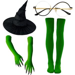 Witch Costume Accessory Set  Black Hat, Round Glasses, Green Claw Gloves & Matching Green Socks for Halloween, Cosplay & Dress-Up