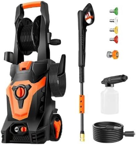 PowRyte Electric Pressure Washer with Hose Reel, Foam Cannon, 4 Different Pressure Tips, Power Washer, 3800 PSI 2.4 GPM