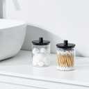 TIPGO Glass Qtip Holder Dispenser - 10 oz Clear Canister Apothecary Jar, Bathroom Vanity Storage Organizer Set for Cotton Swabs, Pads, Floss Picks, Small Containers for Makeup Storage (2 Pack, Black)