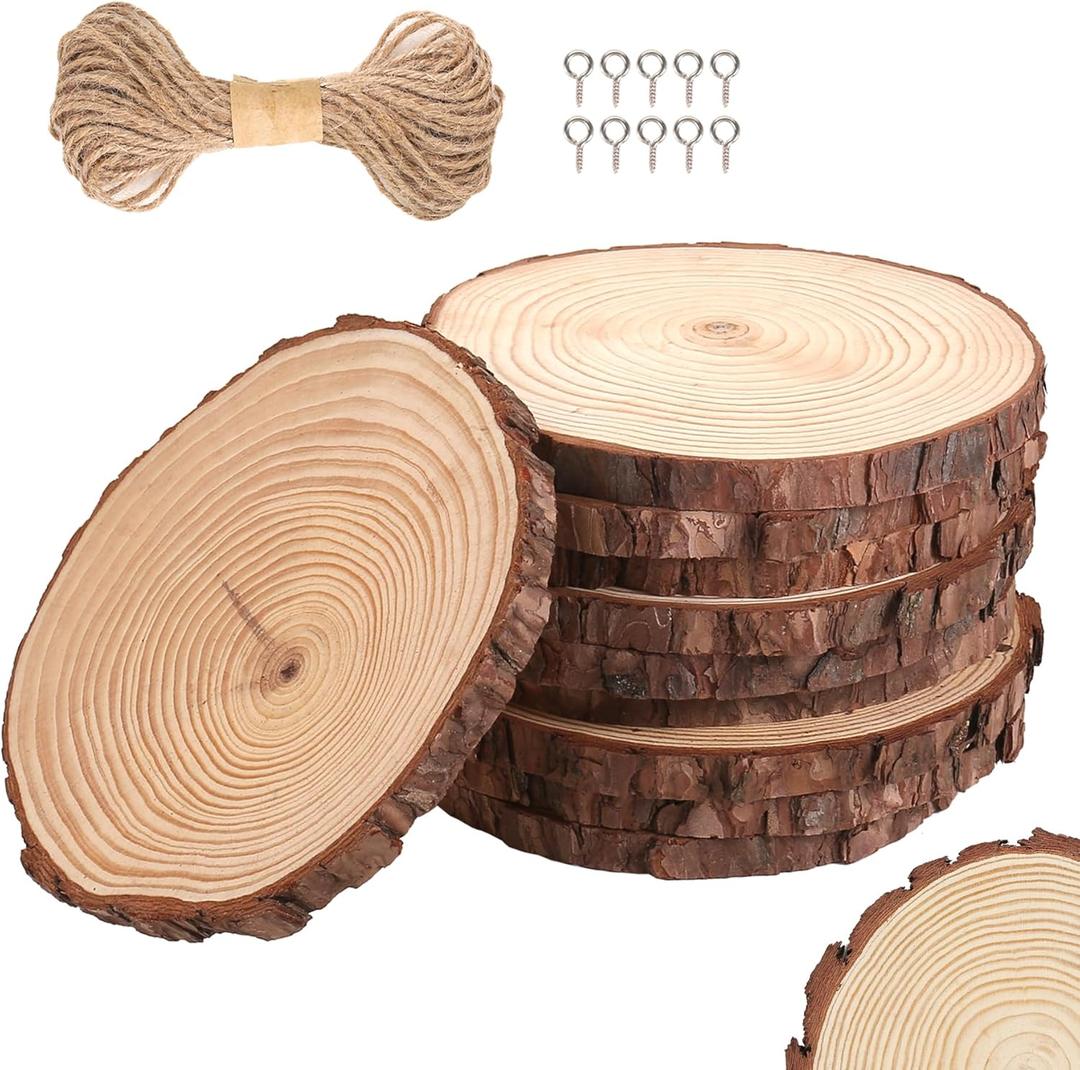 Set of 10 Wood Slices for Centerpieces 7-8 inch, Natural Unfinished Wood Craft Kits, Tree Slices with Bark for DIY Crafts Wedding Christmas Party Decoration, Wood Centerpieces for Tables