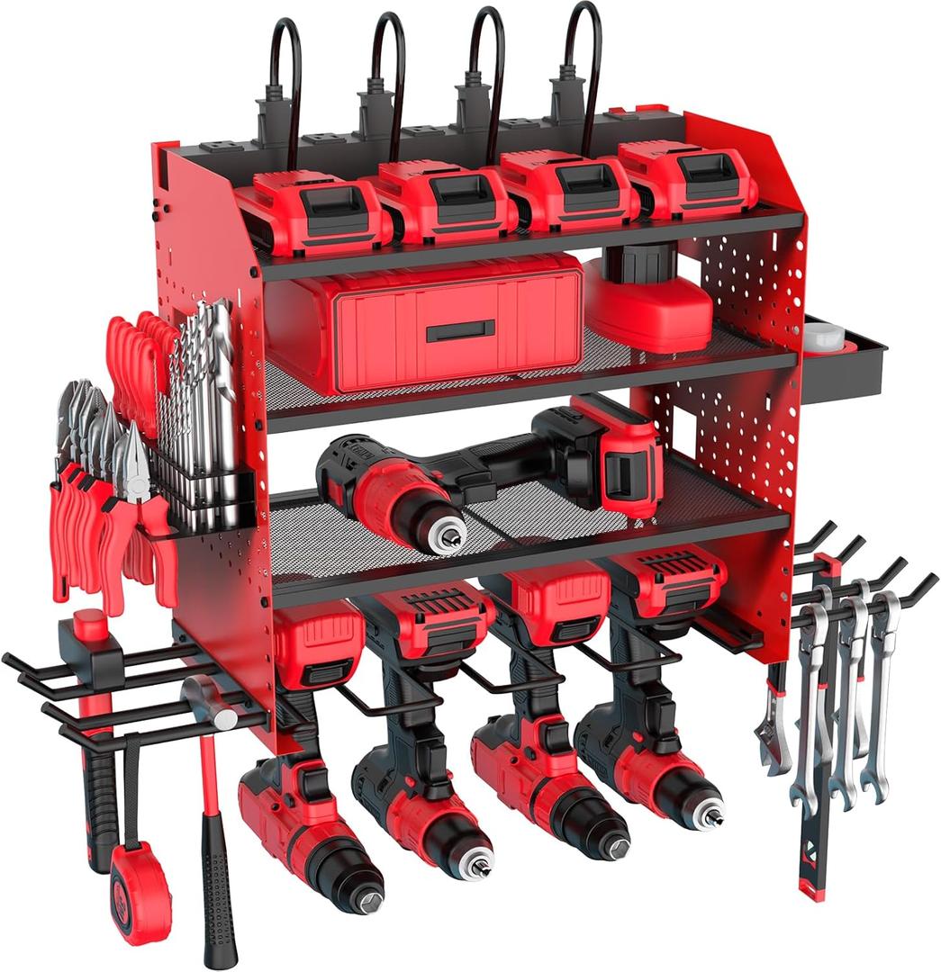 Heavy Duty Power Tool Organizer Wall Mount with Charging Station, 4 Layer Garage Storage Adjustable Shelves Height, Holds 4 Drills, 2 Hooks, Screw & Screwdriver box, Gifts for Fathers Day, Anniversary 