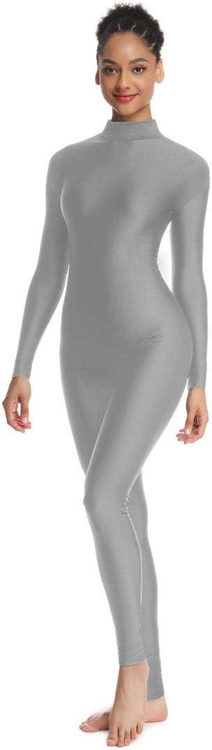 Adult High Neck Long Sleeve Dance Unitard for Women Bodysuits Full Body Leotard Spandex Catsuit (Gray), Size 2XL