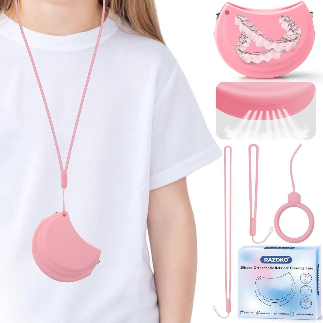 RAZOKO Silicone Retainer Case with 3 Lanyard Cute Aligner Case Vent Holes Night Mouth Guard Retainer Holder for Girl Women Kids Men for Travel Pink
