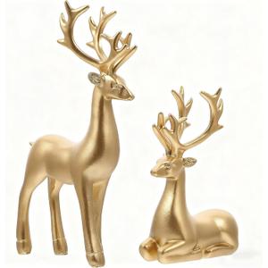 2Pcs Christmas Reindeer Figurines, Resin Reindeer Sculpture, Gold Elk Statues Decor for Living Room Bedroom Bathroom Bookshelf Office Desktop Cabinets (Gold, S)