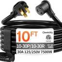 10 FT 3 Prong Dryer Extension Cord Outdoor Black, 30 AMP 10/3 Gauge Heavy Duty, NEMA 10-30P to 10-30R, Waterproof STW Jacket ETL Listed for Dryers & EV Charging