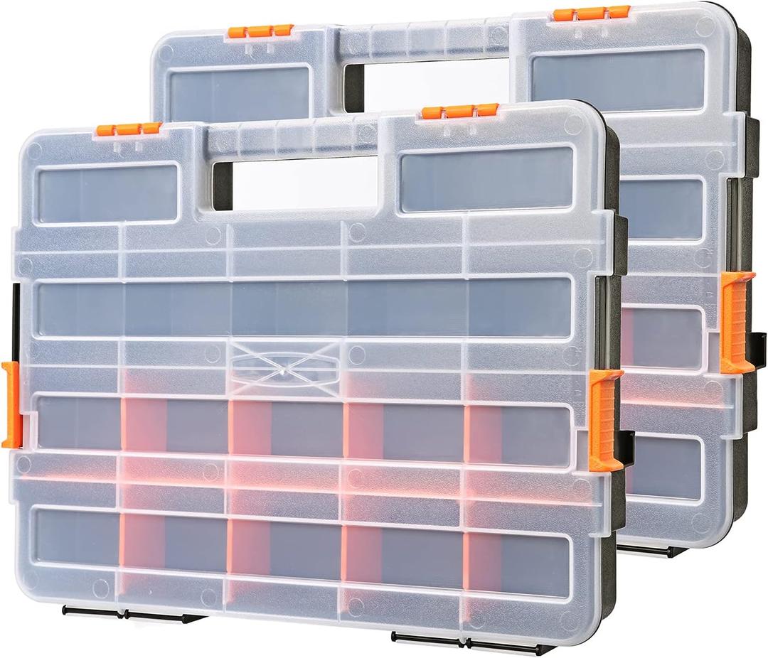 EMENTOL 2PCS Toolbox Organizer Sets, 20 Removable Dividers, Durable Plastic Box, Excellent for Screws, Nuts, Small Parts, 34-Compartment, Black/Orange, 2 Pieces Set