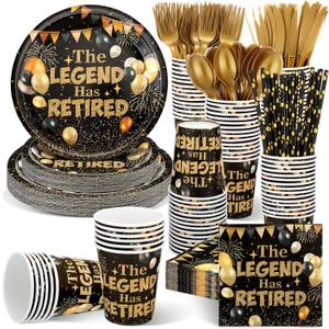218 Pcs Retirement Party Decorations for Men Women the Legend Has Retired Decoration Disposable Tableware 7 Inch 9 Inch Happy Retirement Party Plates Napkin Knives Fork Spoon for 24 Guest(Black Gold)