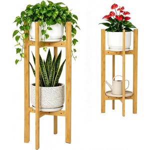 35.4” 2 Tier Bamboo Adjustable Tall Plant Stand Indoor Fits 5-12 Inch Pots
