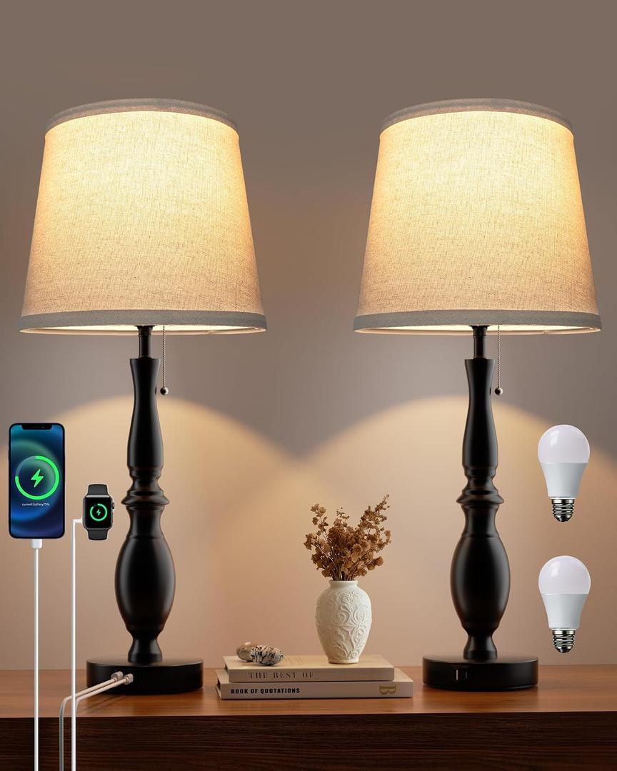 EppieBasic Table Lamps for Living Room Set of 2, Farmhouse Lamp for Bedroom 22" with 3 Dimmable Ways, USB-C+A Charging Ports Nightstand Lamps, Bulbs Included