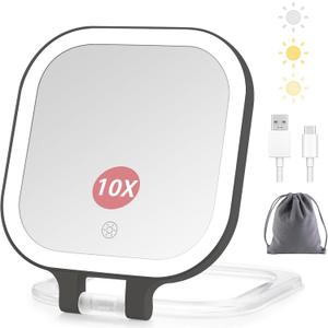 DESCHEN Rechargeable Travel Makeup Vanity Mirror with Lights and Magnification, 7" Portable 1X/10X Magnifying Mirror with 4 Color Light, Lighted Makeup Mirror with Magnification, Folding LED - Black