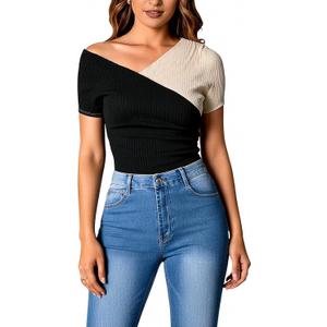 Women's Ruched Asymmetrical Neck T Shirt Elegant Wrap Color Block Going Out Tops