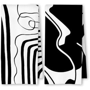 ArtisaEura Abstract Black and White Kitchen Towels Set of 2, Modern Minimalist Wavy Line Art Dish Tea Towels for Kitchen, Contemporary Decor Hand Towels for Bathroom, 16x24 Inches