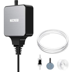 NICREW Nano Silent Aquarium Air Pump Black, Aquarium Aerator with Accessories for Up to 10 Gallon Fish Tank, Super Quiet, 0.3 L/min, 1.5 Watts