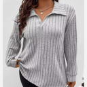 Plus Size Women's Rib- Lapel Long Sleeve Top - Solid Color Casual Pullover T Shirt L