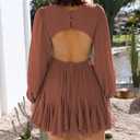 Lantern Long Sleeve Flowy Summer Backless Mini Sundress for Women 2023 Casual V Neck Cut Out Empire Waist Skater Dresses (Brown, S)