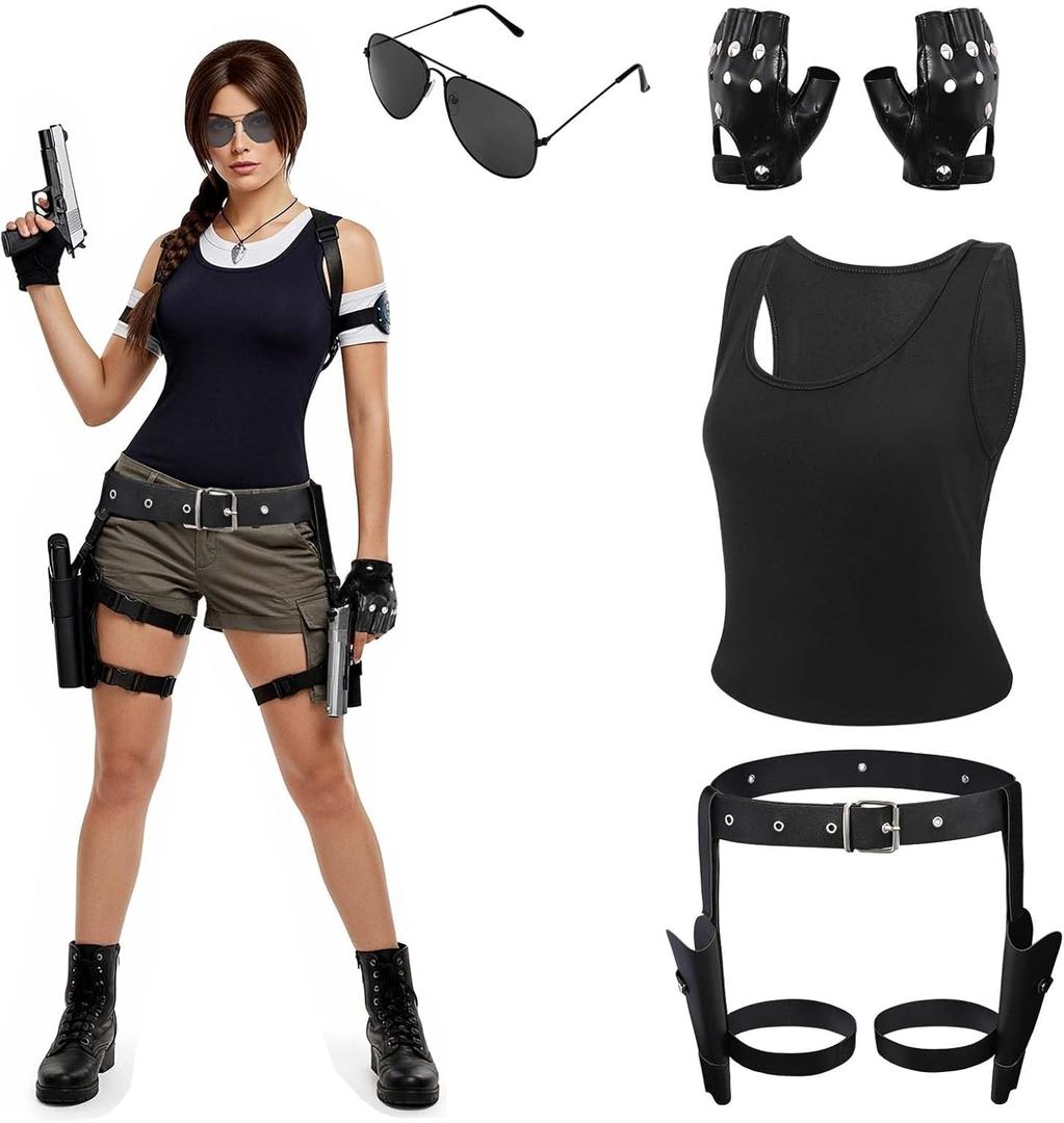 4 Pcs Thigh Holster for Women with Tank Top Thigh Holsters Sunglasses Fingerless Gloves for Halloween Cosplay (Large)