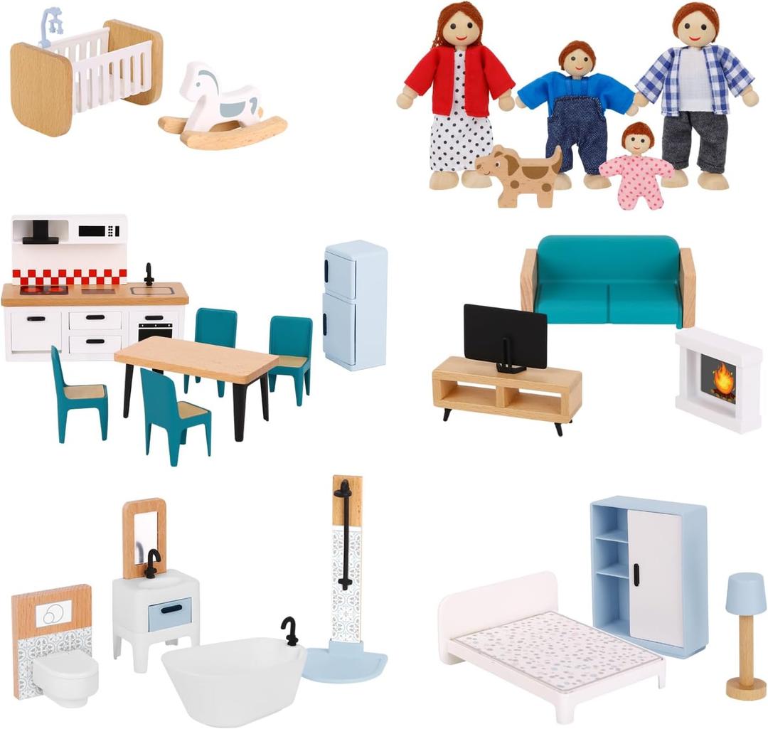 OOOK Wooden Dollhouse Furniture Set for Kids, 26 Pcs Dollhouse Accessories with 4 Family Dolls and Dog, Miniature Doll House Furniture Toys Pretend Play Set for G irls Boys Age 3+