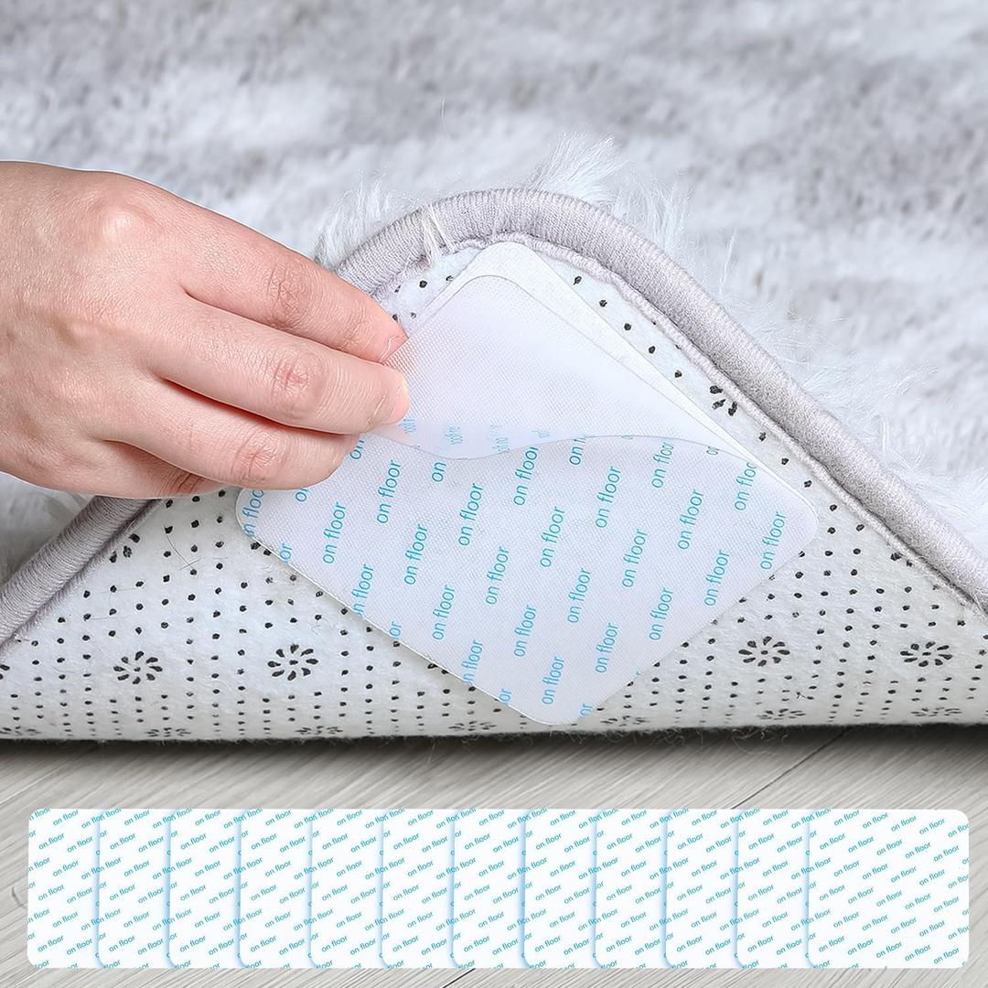12 PCS Rug Pad Grippers, Non Slip Washable Rug Tape Grip Carpet Corner for Hardwood Floors and Tiles, Hook and Loop Pads Reusable Stoppers, Keep Area Rug Flat (White)