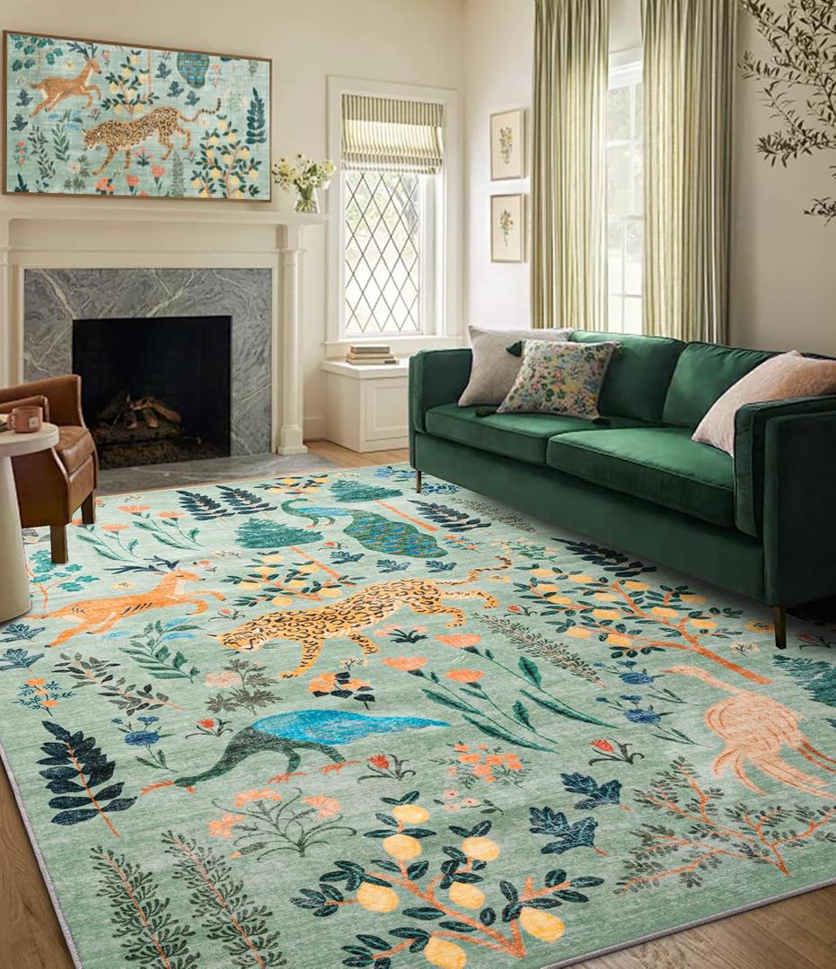 Chakme Jungle Animal Green Tiger Area Rug, 6x9FT for Living Room, Non Slip, Soft, Thin, Colorful, Nursery Rug, Color: Green/Animal