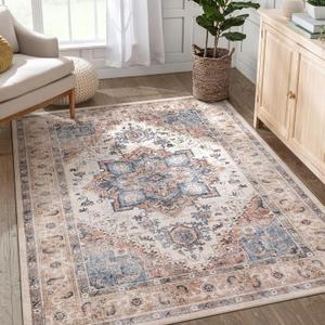 Washable Rug 6x9 Area Rugs: Boho Vintage Distressed Oriental Medallion Neutral Thin Large Rug Carpet for Living Room Bedroom Dining Room Home Office Decor - Camel