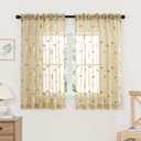 MIULEE Beige Sheer Curtains 2 Panels Embroidered Leaf Patterned Rod Pocket Floral Semi Sheer Faux Linen Short Window Curtains Drapes Set for Kitchen Living Room Bedroom, 52x54 Inches Length