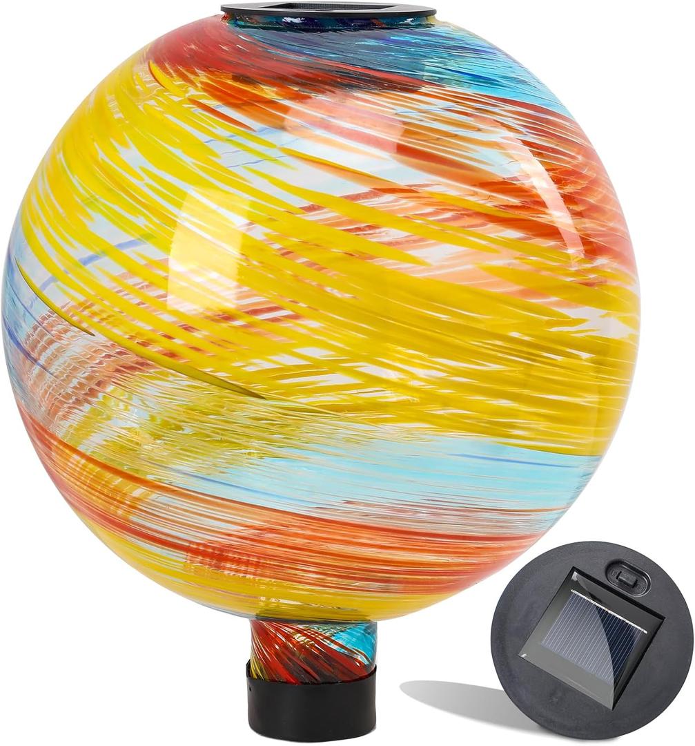 VCUTEKA Solar Gazing Ball, 10" Glass Gazing Balls Sphere with Solar Light for Garden Decor Lawn Outdoor Yard Decorative (Red Yellow)