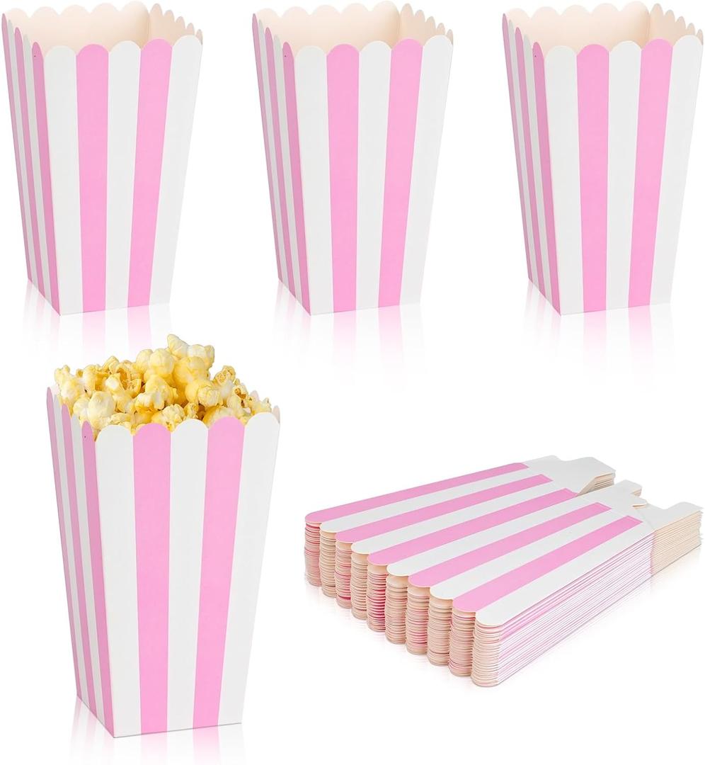 24 Pcs Paper Popcorn Boxes, Pink and White Striped - Mini Paper Popcorn and Candy Containers, Decorative Containers for Movie Nights, Party Favors, and Carnival Themed Events