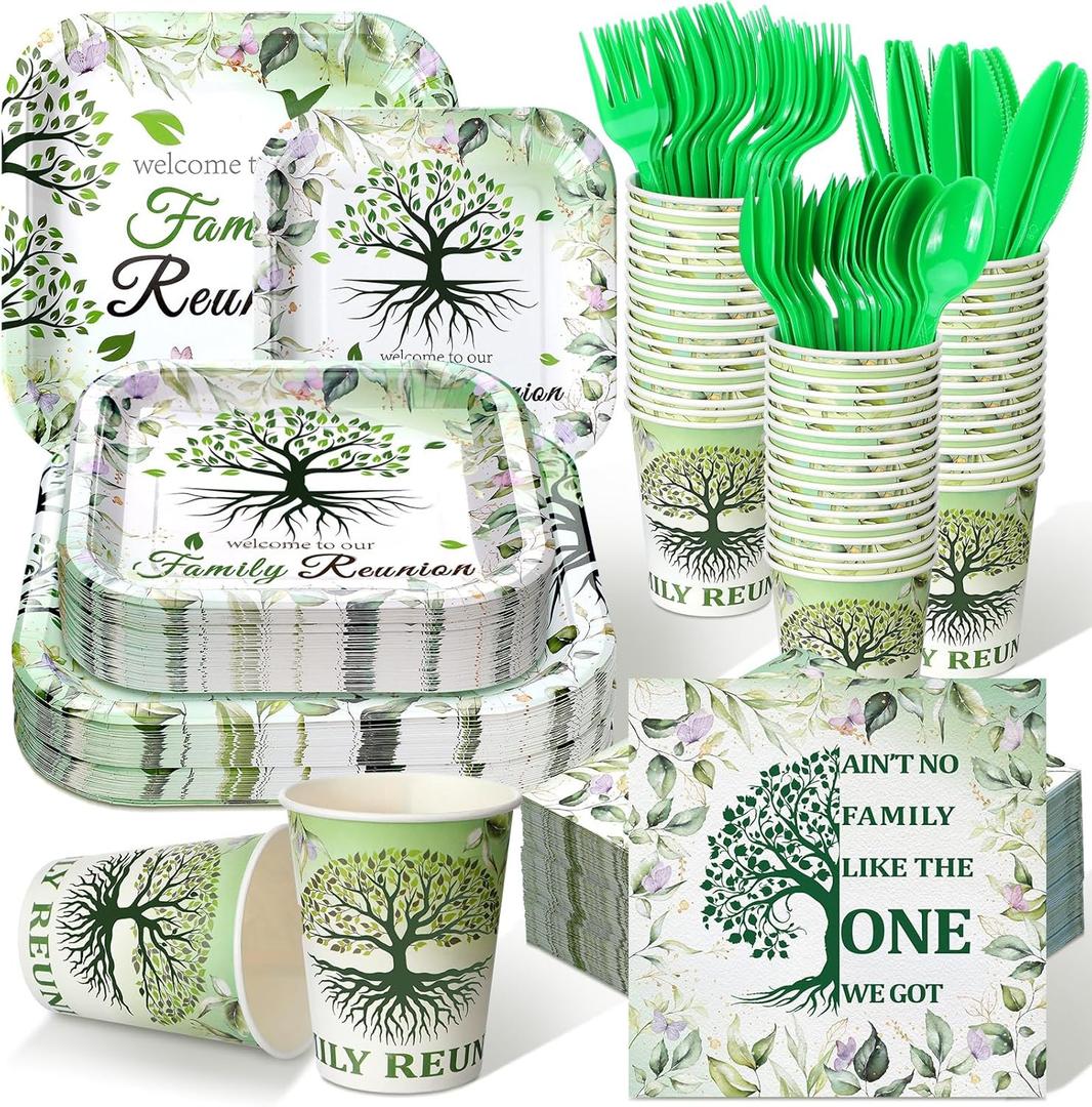 350 Pcs Family Reunion Paper Plates and Napkins Set 9 Inch 7 Inch Disposable Durable Dinnerware Gathering Tree Party Supplies Tableware Serve 50 Guest Cups Knife Forks Spoon