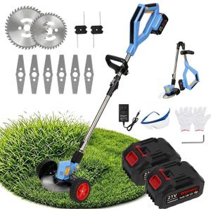 Cordless Weed Wacker & Weed Eater, 21V 3-in-1 String Trimmer & Brush Cutter, 2×4.0Ah Batteries, Lightweight Electric Lawn Edger with 3 Blades & Removable Wheels for Yard & Garden