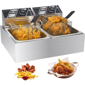 Commercial Deep Fryer with Baskets, 3400W 12.7QT/12L Thickened Stainless Steel Countertop Electric Oil Fryer, Large Capacity with Temperature Control, silver (82)