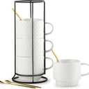 LYEOBOH Stackable Coffee Mugs with Rack, 13 oz Ceramic Coffee Mug Set of 4 with Stand, Latte Cup with Spoon, Cappuccino Cups for Hot Cocoa, Milk, White
