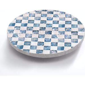 CHI AN HOME 12" Checkered Lazy Susan for Tabletop, Handcrafted Mother of Pearl Turntable Organizer for Kitchen Counter, Coffee Table, Bathroom, Dining or Organizing (Navy Blue)