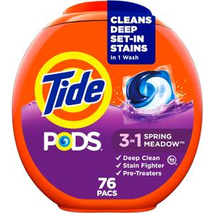 Tide PODS Liquid Laundry Detergent Soap Pacs, HE Compatible, Powerful 3-in-1 Clean in one Step, Built in Stain Removers, Spring Meadow Scent, 76 Count Tide PODS Liquid Laundry Detergent Soap Pacs, HE Compatible, Powerful 3-in-1 Clean in one Step, Built in Stain Removers, Spring Meadow Scent, 76 Count