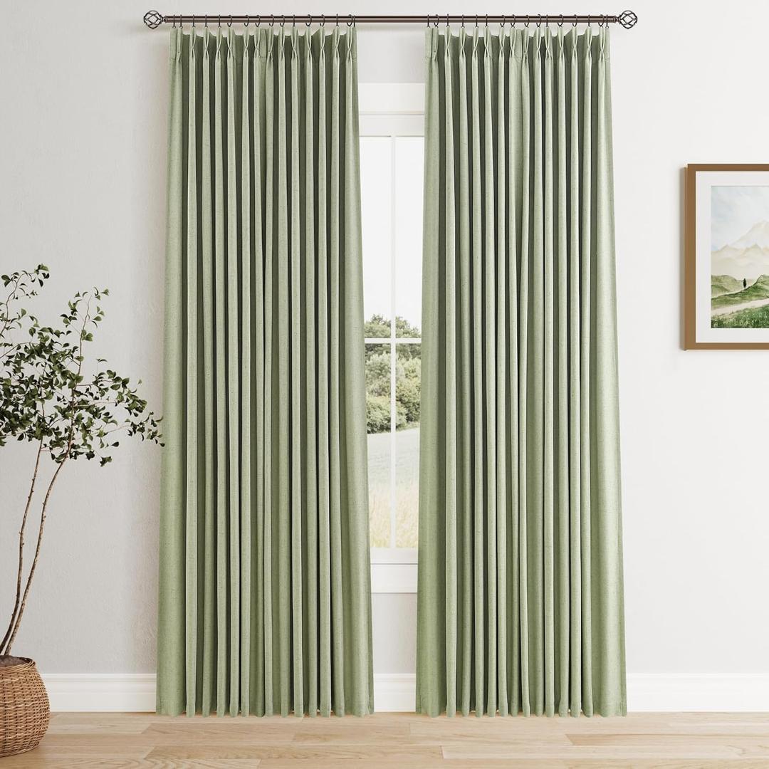Sage Green 100% Blackout Pinch Pleated Linen Curtains 84 Inches Long for Bedroom 2 Panels Set Double Layer Thermal Insulated Pinch Pleat Green Black Out Drapes with Hooks Rings Room Darkening Curtain