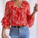 Gaharu Womens Dressy Casual Blouses 3/4 Sleeve V Neck Ruffle Tops Business Ladies Summer Fashion Work Shirt (XL)