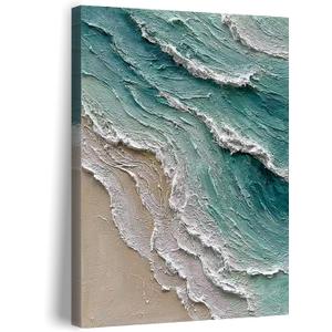 Diathou Art Hand-painted oil painting of a beach scene with waves. Modern abstract blue landscape art as a wall decoration for home office. 36x24 inches.